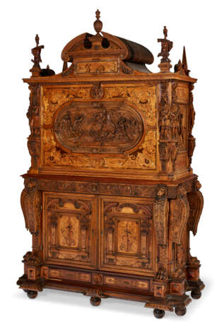 A LARGE RENAISSANCE REVIVAL CARVED OAK, WALNUT AND STAINED FRUITWOOD MARQUETRY SECRETAIRE - photo 2