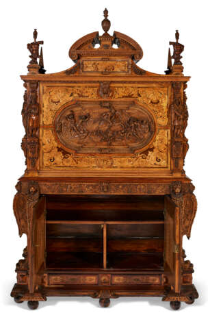 A LARGE RENAISSANCE REVIVAL CARVED OAK, WALNUT AND STAINED FRUITWOOD MARQUETRY SECRETAIRE - photo 4