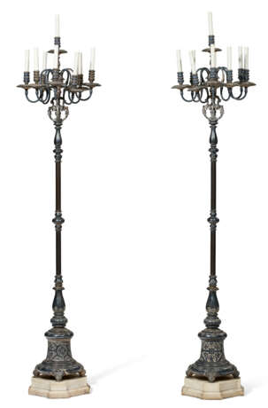 A PAIR OF RENAISSANCE-STYLE SILVERED-METAL EIGHT-LIGHT TORCHERES ON MARBLE BASES - photo 2