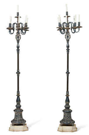 A PAIR OF RENAISSANCE-STYLE SILVERED-METAL EIGHT-LIGHT TORCHERES ON MARBLE BASES - photo 3