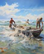 Acrylic and oil. Рыбаки в лодке картина маслом