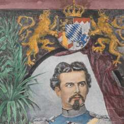 König Ludwig II. - kolorierter Holzschnitt zu Ehren des toten Königs, R. Brend’amour und R. E. Kepler, Bayern, um 1900