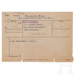Albert Speer - Telegramm "Ankunft in Spandau", 1952, und Empfangsbestätigung für seinen Geldbetrag in Reichsmark bei der Entlassung, 1966