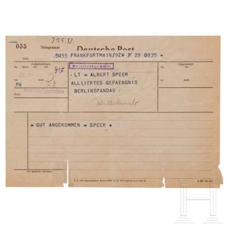 Albert Speer - Telegramm "Ankunft in Spandau", 1952, und Empfangsbestätigung für seinen Geldbetrag in Reichsmark bei der Entlassung, 1966 - фото 1
