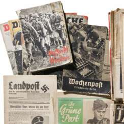 Konvolut mit verschiedenen Zeitungen, zwei Monatsheften "Kriminalistik", zwei Büchern "Damals" und "Waffen-SS im Westen" sowie SS-Ahnentafel-Formular