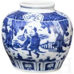 Blau-weiße Vase mit figürlicher Szene mit Wanli-Sechszeichenmarke, China, wahrscheinlich aus dieser Zeit (1572 - 1620)