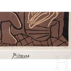 Nach Pablo Picasso, "Femme dans un Fauteuil et Guitariste", Linolschnitt, Frankreich, 2. Hälfte 20. Jhdt.