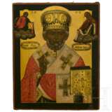 Ikone mit dem Heiligen Nikolaus von Myra mit Silberoklad, Russland, 2. Hälfte 19. Jhdt. (Ikone), Moskau, Iwan Sacharow, 1867 (Oklad) - фото 1