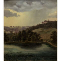 MALER 19. Jahrhundert, "Gewitterstimmung über einer Flusslandschaft mit Burgen auf der Anhöhe und im Tal",