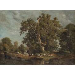 BRIFFAUD / BRIFFORD, L. ? (Maler 19. Jahrhundert), "Sommerlandschaft mit Kühen an einem Weiher",