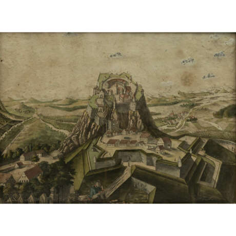 GRAPHIKER des 18./19. Jahrhundert, "Weite Landschaft mit Burg über der Stadt", - Foto 1