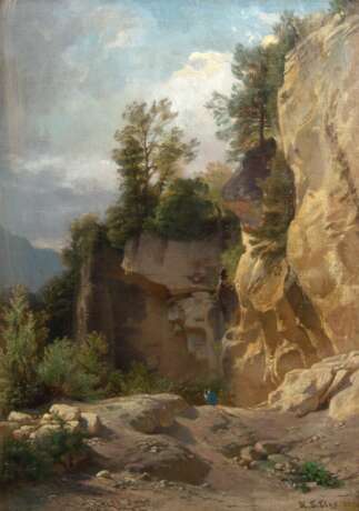 "Einsamer Wanderer im Gebirge", Öl/ Lw./ Platte, undeutl. sign. u.r., 59x41 cm, Rahmen - Foto 1