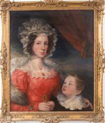 Maler Ende 18. Jh./ Anf. 19. Jh. &quot;Dame mit Spitzenhaube mit ihrem Kind&quot;, Öl/ Lw., unsign., 77x64,5 cm, Rahmen