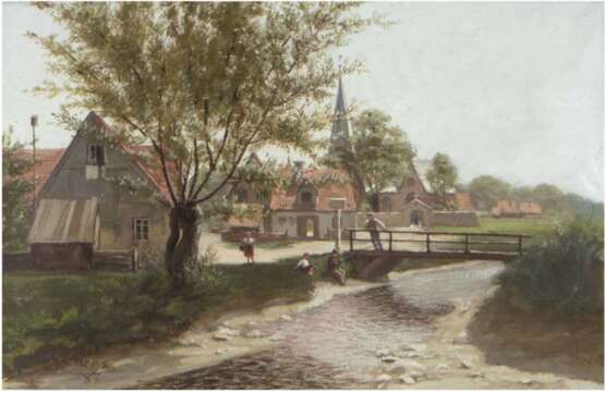 Eilers, Wilhelm (1857-1919) "Mecklenburger Dorf", Aquarell, sign. und dat. '87 u.l., 11x15,5 cm, hinter Glas im Passepartout und Rahmen - Foto 1