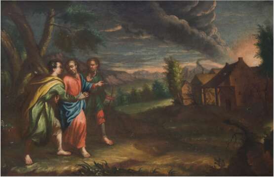 Altmeister 17./18. Jh., "Biblische Szene mit drei Wanderern am Dorfrand", Öl/Lw. doubliert, unsigniert, diverse kl. Farbabplatzungen, 55x74 cm, Rahmen - фото 1