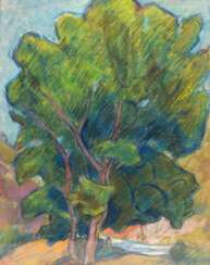 Koch-Stetter, Dora (1881 Bayreuth-1968 Ahrenshoop-Althagen) &amp;quot;Junger Mann unter einem Baum am Fluß sitzend&amp;quot;, Pastell/ Kreide, sign. u.r. und dat. 1914, 62x48 cm, hinter Glas und Rahmen (Studium an der Be…