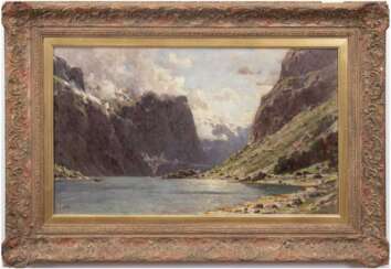 Enfield, Henry (1849 London-1908 Nowe Warpnow Polen ) &quot;Harköfjord Norwegen&quot;, Öl/Lw., sign. u.l., 2x Hinterlegung, 52x86,5 cm, Rahmen (Er war ein britischer Landschafts- und Marinemaler. Ab 1872 beschickte Enfie…