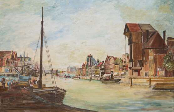 "Hafen von Danzig mit Krantor", Öl/ Platte, unsign., 56x77,5 cm, Rahmen - Foto 1