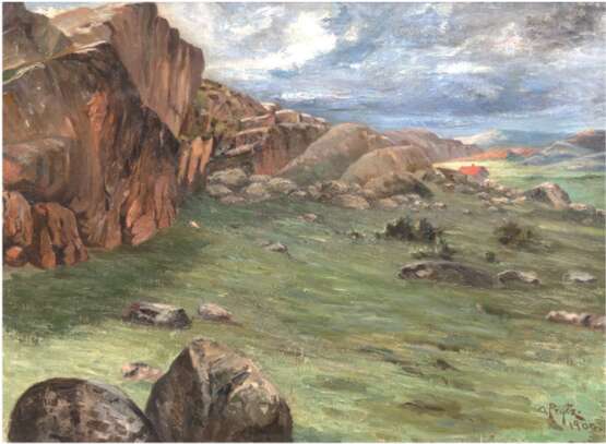 Prytz, Olof August (1872 Göterborg- 1954 Göterborg) "Weite norddeutsche Landschaft mit Felsmassiv", Öl/ Lw., sign. u.r. und dat. 1900, rückseitig bez., 46x60,5 cm, Rahmen - photo 1