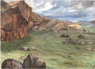 Prytz, Olof August (1872 Göterborg- 1954 Göterborg) &quot;Weite norddeutsche Landschaft mit Felsmassiv&quot;, Öl/ Lw., sign. u.r. und dat. 1900, rückseitig bez., 46x60,5 cm, Rahmen