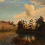 Maler 19. Jh. "Seenlandschaft", Öl/ Lw., kl. Riß mittig links, 35x50 cm, Rahmen - photo 1
