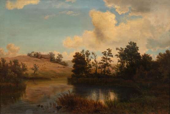 Maler 19. Jh. "Seenlandschaft", Öl/ Lw., kl. Riß mittig links, 35x50 cm, Rahmen - Foto 1