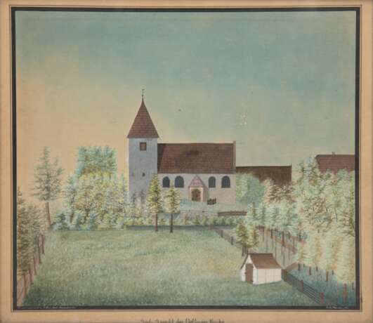 "Ansicht der Dötlinger Kirche", Aquarell/Papier, undeutl. sign. u.r. und dat. 25. Dezember 1852 u.l., mittig bez., 32x36 cm, hinter Glas und Rahmen - фото 1