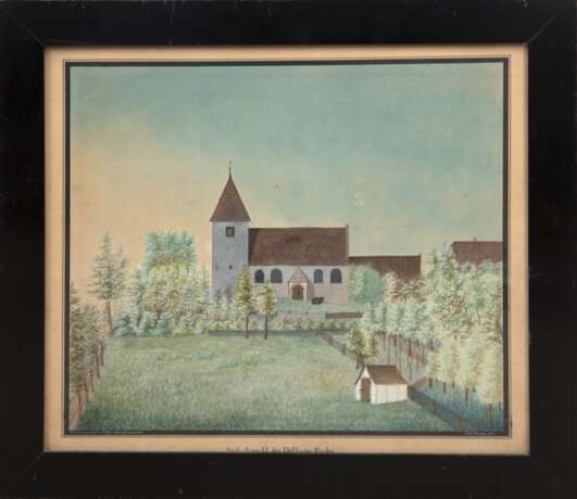 "Ansicht der Dötlinger Kirche", Aquarell/Papier, undeutl. sign. u.r. und dat. 25. Dezember 1852 u.l., mittig bez., 32x36 cm, hinter Glas und Rahmen - фото 2