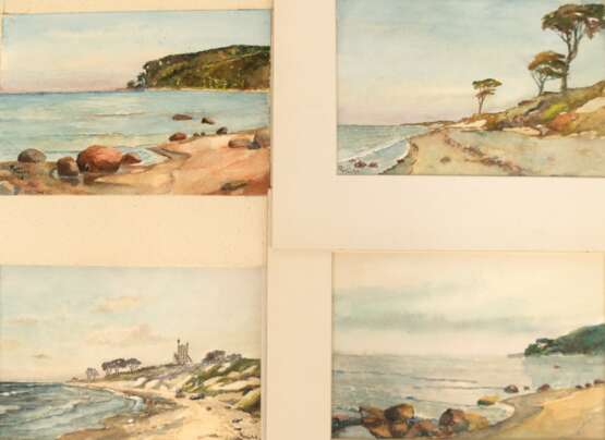 Kühl, Richard (1892 - 1976 Stettin) Konv. 4 Aquarelle, dabei "Darßlandschaft", "Windflüchter", und 2x "Binzer Bucht" , sign. und teilweise dat., je 15x23 cm, ungerahmt (Deutscher Landschafts… - Foto 1