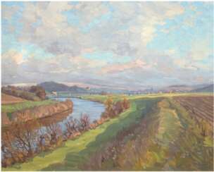 Scholz, Paul (1859-1940) &quot;Landschaft mit Fluß&quot;, Öl/ Lw., sign. u.r., und dat.´51, 59x74 cm, Rahmen