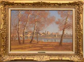 Joubert, Leon (1846 Quimper-1928 Paris) &quot;Rue D´Avignon mit Brücke über die Rhone&quot;, Öl/ Lw., sign. u.r., 38x55 cm, Rahmen