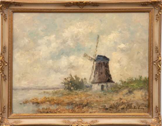 Schilhabel, Josef Helmuth (1896 Burgstadt bei Posen-1970 Hamburg) "Windmühle am Kanal", Öl/ Karton, sign. u.r., 30,5x40,5 cm, Rahmen (Schilhabel war ein deutscher Maler des Spätimpressionismus, bekannt wurde er… - Foto 1