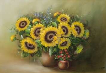 Stöver, Paula (1918 Bremen-1982 Worpswede) &quot;Stilleben mit Sonnenblumen in Vase&quot;, Öl/ Lw., sign. u.r., 60x80 cm, Rahmen