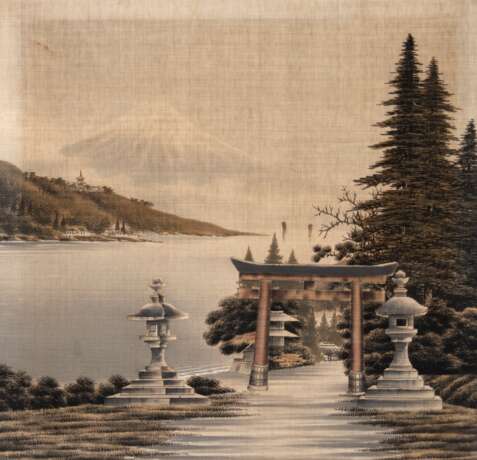 Japanisches Seidenbild "Landschaft am See", um 1900, unsign., gebräunt, 58x60 cm, Rahmen - Foto 1
