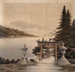 Japanisches Seidenbild &amp;quot;Landschaft am See&amp;quot;, um 1900, unsign., gebräunt, 58x60 cm, Rahmen