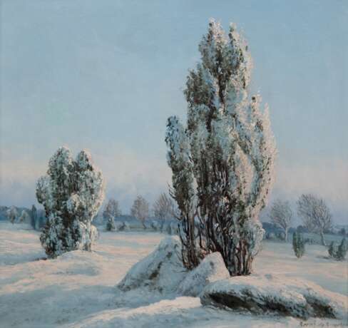 Bruycker, Hermann de (1858 Hamburg-1950 Hamburg) "Winter auf der Heide", Öl/ Lw., 1 Hinterlegung, sign. und dat. 1948 u.r., 41x42 cm, Rahmen - photo 1
