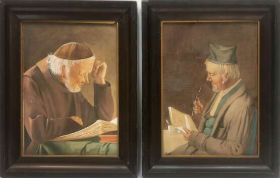 2 Gemälde "Mönch" und "Gelehrter", Gouache, undeutl. sign. u.l. und dat. ´05, je 27x20 cm, hinter Glas und Rahmen - photo 1