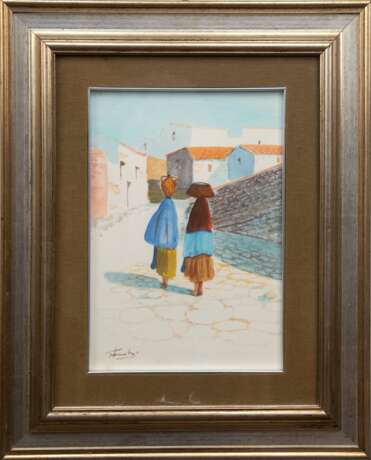 "Zwei Frauen in südländischer Landschaft", Aquarell, undeutl. sign. u.l., 33,5x23,5 cm, im Passepartout hinter Glas und Rahmen - Foto 1