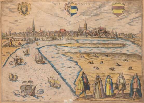 "Wismar-Stadtbild mit Wappen", altkolorierter Kupferstich, 17. Jh., min. Farbverluste, 39x50,5 cm, hinter Glas und Rahmen - photo 1