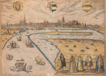 &quot;Wismar-Stadtbild mit Wappen&quot;, altkolorierter Kupferstich, 17. Jh., min. Farbverluste, 39x50,5 cm, hinter Glas und Rahmen