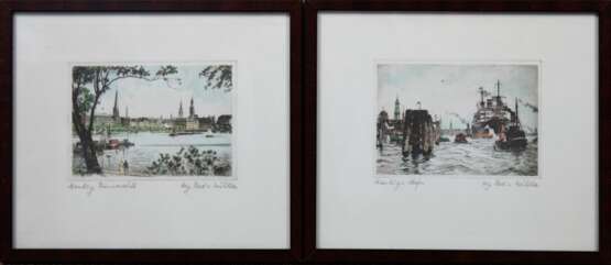 Mühlhan, Adolf (1886 Hannover-1956 Hamburg) "Hamburg Binnenalster" und "Hamburger Hafen", Radierung, bez. u.l. und sign. u.r., je 9x13 cm, hinter Glas und Rahmen - photo 1