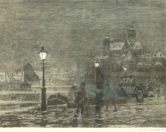 Hermanns, Heinrich (1862-1942 Düsseldorf) "Winterabend in Amsterdam", Radierung, in der Platte sign. und dat., 21x26,5 cm, im Passepartout hinter Glas und Rahmen - photo 1