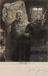 Janssen, Gerhard (1863 Kalkar-1925 Düsseldorf) &quot;Prosit&quot;, Radierung, betitelt und sign., 18x13,5 cm, im Passepartout hinter Glas und Rahmen