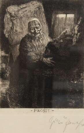 Janssen, Gerhard (1863 Kalkar-1925 Düsseldorf) "Prosit", Radierung, betitelt und sign., 18x13,5 cm, im Passepartout hinter Glas und Rahmen - Foto 1