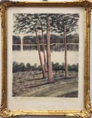 Martens, H. &amp;quot;Am Grunewaldsee&amp;quot;, kolorierte Radierung, 18,5x15 cm, hinter Glas und Rahmen