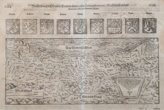 Karte "Beschreibung des Landes Pommern...", Stich um 1600, 28x41 cm, im Passepartout hinter UV-Glas und Rahmen - photo 1