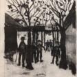 Utrillo, Maurice (1883 Montmartre, Paris, -1955 Dax, Frankreich) &quot;Auf dem Markt&quot;, Litho., unsign., rückseitig auf altem Klebezettel bez., 21,5x18,5 cm, im Passepartout hinter Glas und Rahmen - Marchandises aux enchères