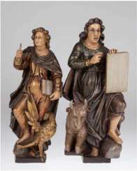 2 Figuren, die Evangelisten &quot;Lukas mit dem Stier&quot; und &quot;Johannes mit dem Adler&quot;, Masseguß farbig gefaßt, 20. Jh., H. 44 cm und 41 cm