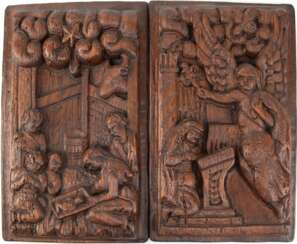 Paar Reliefs &quot;Verkündung&quot; und &quot;Heilige Familie&quot;, Holland um 1600, Eiche geschnitzt, inaktiver Anobienbefall, je ca. 33x20 cm