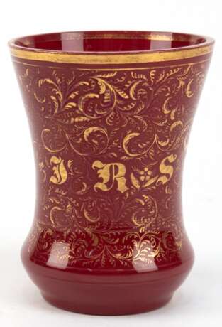 Biedermeier-Becher, Rotglas mit Goldmalerei, berieben, H. 11 cm - photo 1